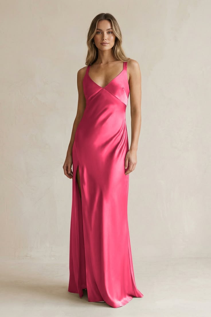 KissProm V Neck Sheath Satin Bridesmaid Dress With Slit In Fuchsia