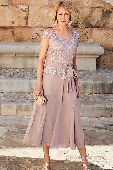 Scoop Lace Appliques Mother Of The Bride Dress With Ribbon,1046