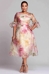 Xpluswear Design Plus Size Cocktail Party Pink Floral Round Neck Flare