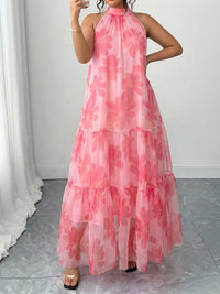 Pink Casual Women's Plus Size Elegant Woven Sleeveless Floral Dress
