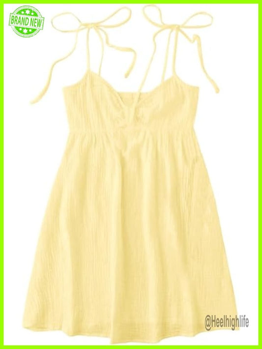 A Line Tie Shoulder Shirred Back Mini Babydoll Dress Sleeveless Summer