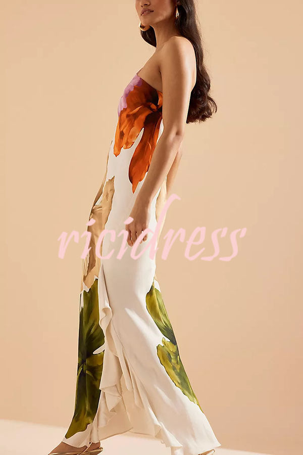 Love Filled Floral Print One Shoulder Side Ruffles Maxi Slip Dress