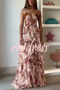 Ariae Butterfly Print Multi-layered Ruffles Backless Tie-up Maxi Dress
