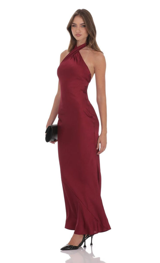 Satin Cross Halter Maxi Dress In Wine