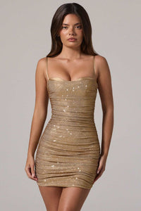 Nerea Embellished Ruched Peekaboo Mini Dress In Gold