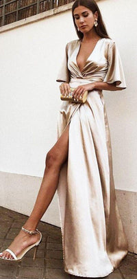 A Line Deep V Neck Cheap Modest Satin Evening Prom Dress With Split,