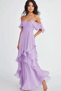 Ruffled Pleated Lilac Off The Shoulder A Line Formal Dress