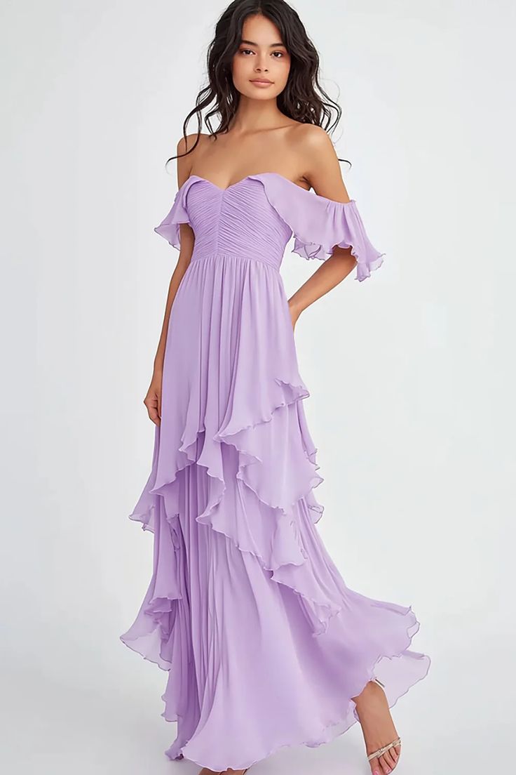 Ruffled Pleated Lilac Off The Shoulder A Line Formal Dress