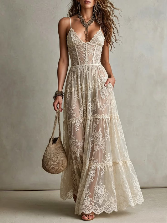 Women Spaghetti Strap Deep V Corset Floral Lace Tiered Sheer Maxi Dres