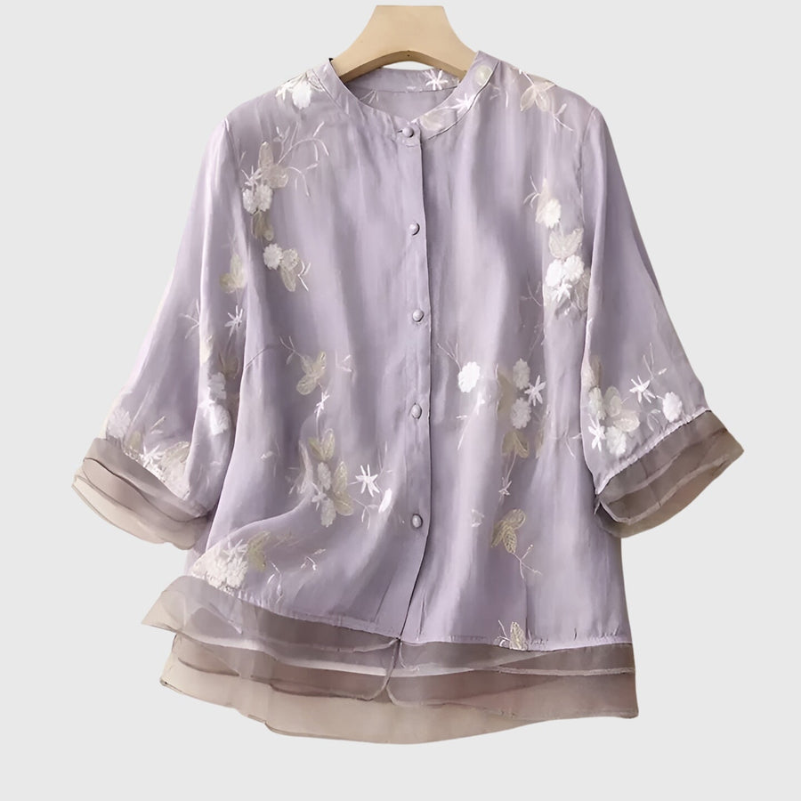 Nellie | Elegant Top With Embroidered Flowers Purple