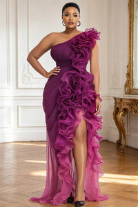 Xpluswear Design Plus Size Cocktail Party Purple Gradient One Shoulder