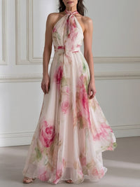Watercolor Pink Rose Print Halter Tie Neck Chiffon Flowy Maxi Dress