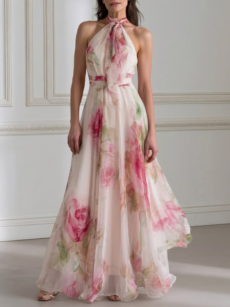 Watercolor Pink Rose Print Halter Tie Neck Chiffon Flowy Maxi Dress