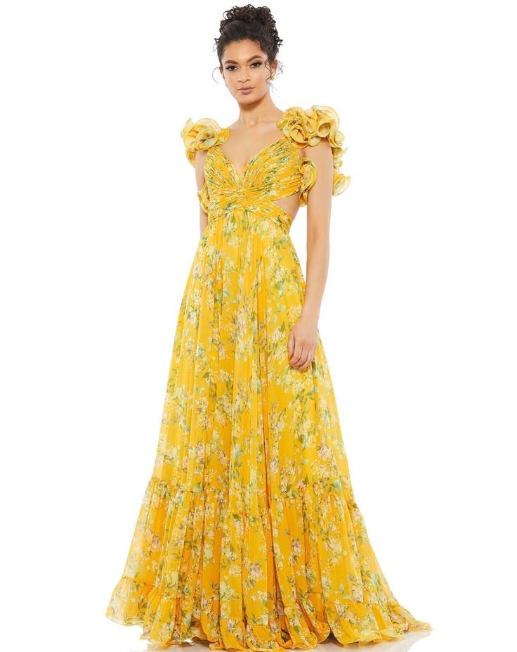 Ruffled Floral Cut Out Chiffon Gown By Mac Duggal 67803 Pink Multi