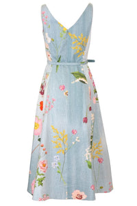 Botanical Sleeveless Flare Midi Dress - BLUE