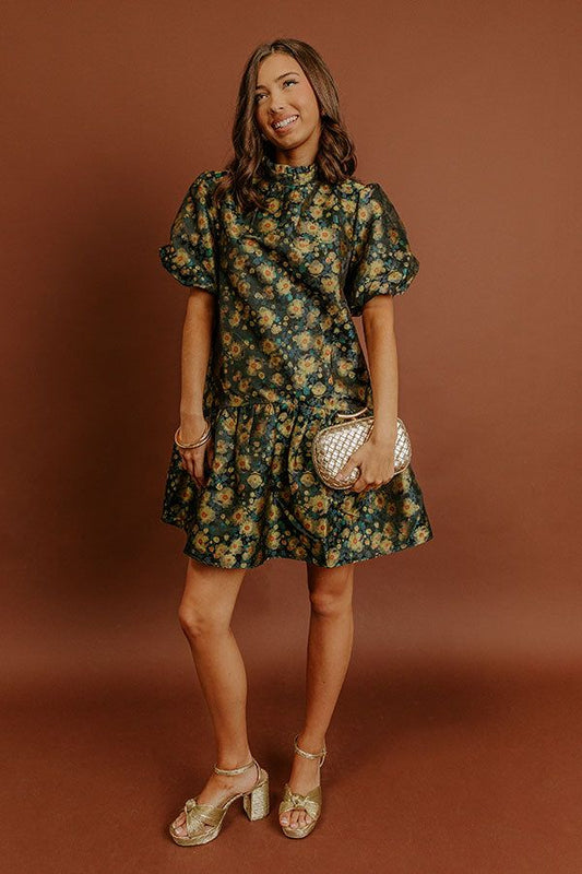 Moonlit Blooms Floral Jacquard Mini Dress