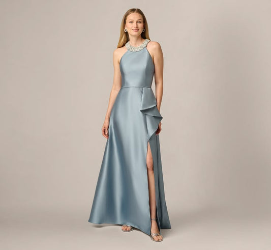 Beaded Halter Draped Mikado Gown In Icy Opaline Icy Opaline Regular