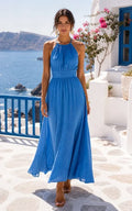Women's Royal Blue Halter Chiffon Tea Length Dress