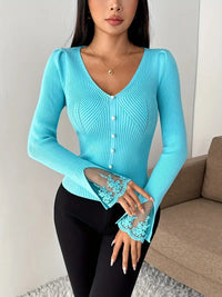Isabella – Ribbed V-Neck Knit with Lace Sleeves