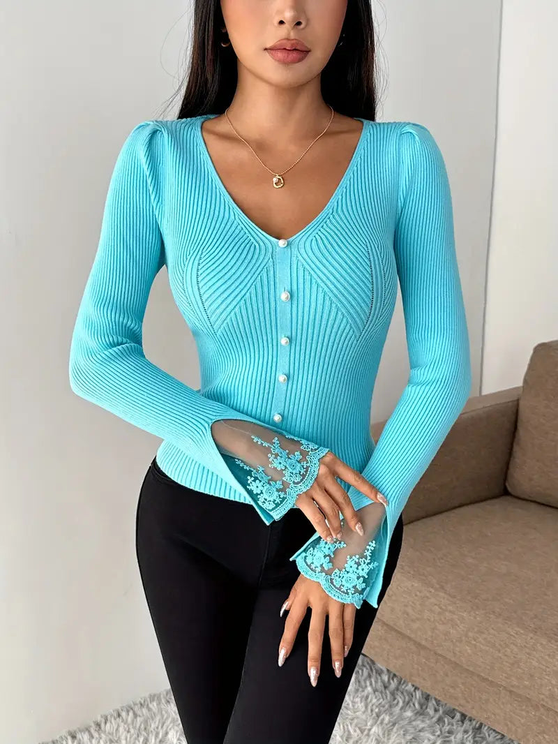 Isabella – Ribbed V-Neck Knit with Lace Sleeves