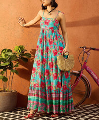Green Floral Maxi Dress for Women, Boho Summer Dress, Spaghetti Strap Sundress, Vacation Beach Dress, Jaipur Flowy Cotto