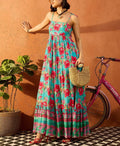 Green Floral Maxi Dress For Women, Boho Summer Dress, Spaghetti Strap