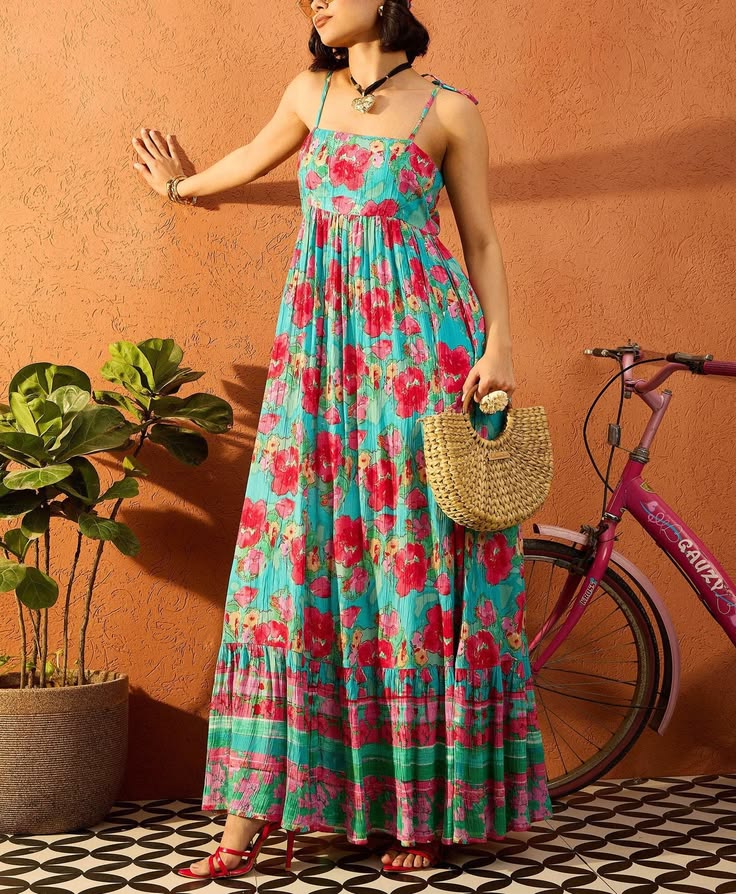 Green Floral Maxi Dress For Women, Boho Summer Dress, Spaghetti Strap