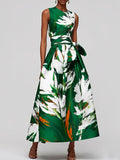Women Elegant Maxi Dress Natural X Line Crew Neck Sleeveless Summer