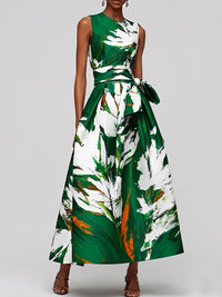 Women Elegant Maxi Dress Natural X Line Crew Neck Sleeveless Summer