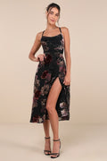 Exuberant Vibes Black Floral Velvet Burnout Tie Back Midi Dress