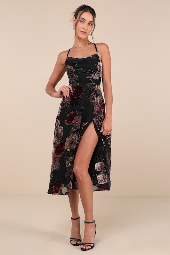 Exuberant Vibes Black Floral Velvet Burnout Tie Back Midi Dress