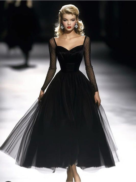 Oyrosy Dress Elegant Black Midi Tulle Dress With Sheer Long Sleeves
