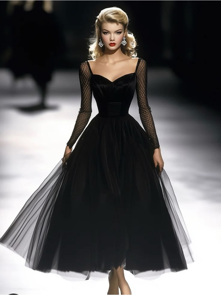 Oyrosy Dress Elegant Black Midi Tulle Dress With Sheer Long Sleeves