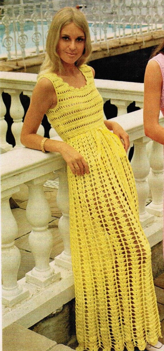 1970s Long Sleeveless Empire Waist Dress Pdf Crochet Pattern Etsy