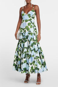 V Neck Hydrangea Poplin Maxi Dress Green