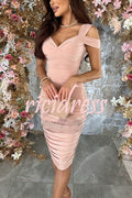 Raise A Toast Cold Shoulder Ruched Pencil Midi Dress