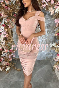 Raise A Toast Cold Shoulder Ruched Pencil Midi Dress