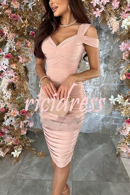 Raise A Toast Cold Shoulder Ruched Pencil Midi Dress