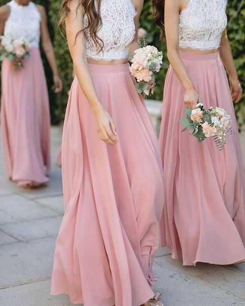 Two Piece Long Bridesmaid Dress Top With Lace