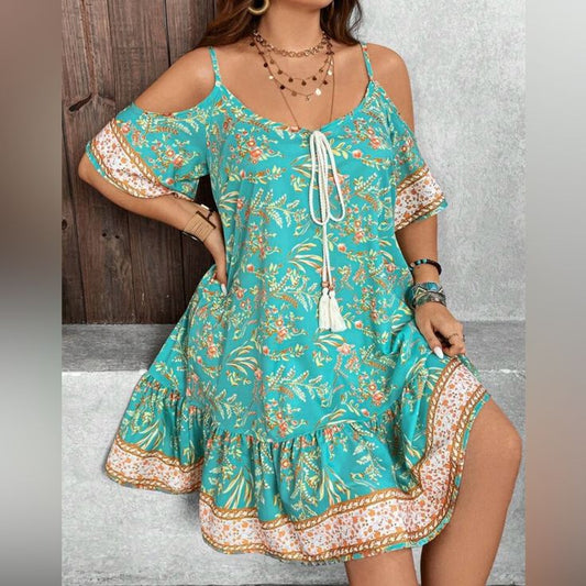 Boho Plus Size Paisleys Floral Print Cut Out Cold Shoulder Dress