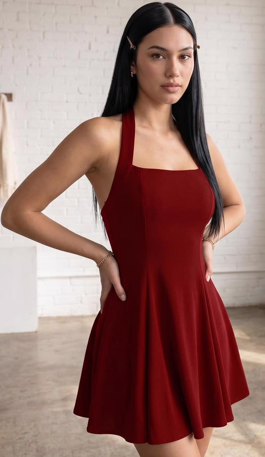 Elegant Halter Neck Flare Mini Dress Sophisticated Backless Summer