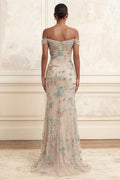 Long Floral Sparkly Champagne Beaded Off The Shoulder Prom Dress