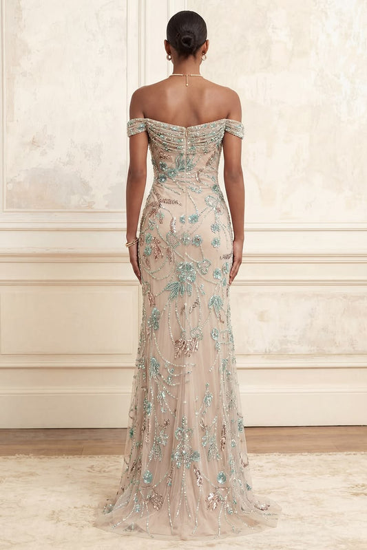 Long Floral Sparkly Champagne Beaded Off The Shoulder Prom Dress