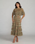 Floral Cape Dress Ruffle Midi Cocktail Mac Duggal 8231 Olive
