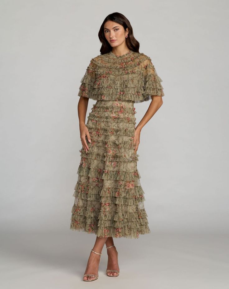 Floral Cape Dress Ruffle Midi Cocktail Mac Duggal 8231 Olive