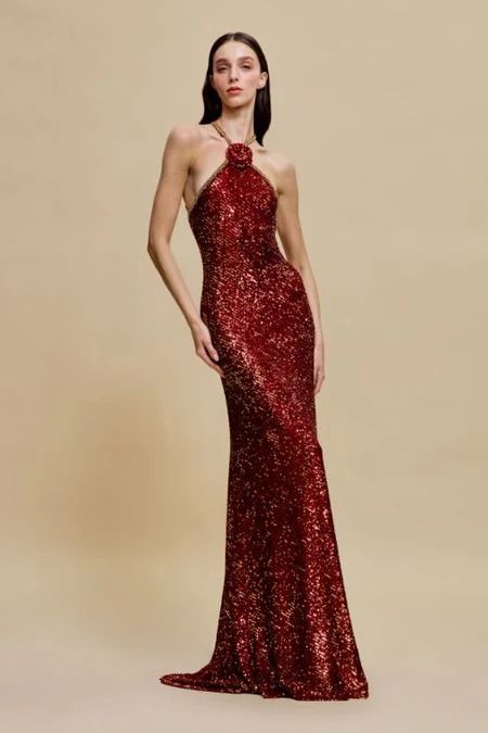 Stretch Sequin Halter Fit And Flare Gown With Beaded Trim