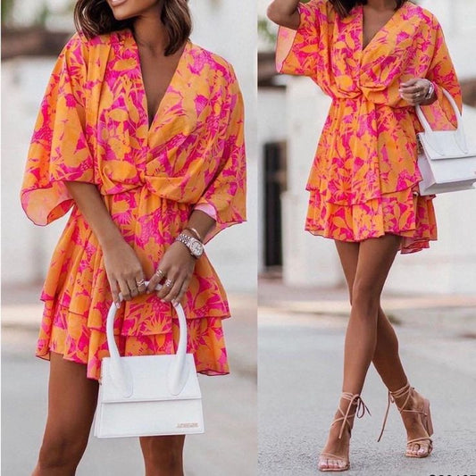 Floral Pink And Orange Wrap Dress Color: Orange Pink Size: M