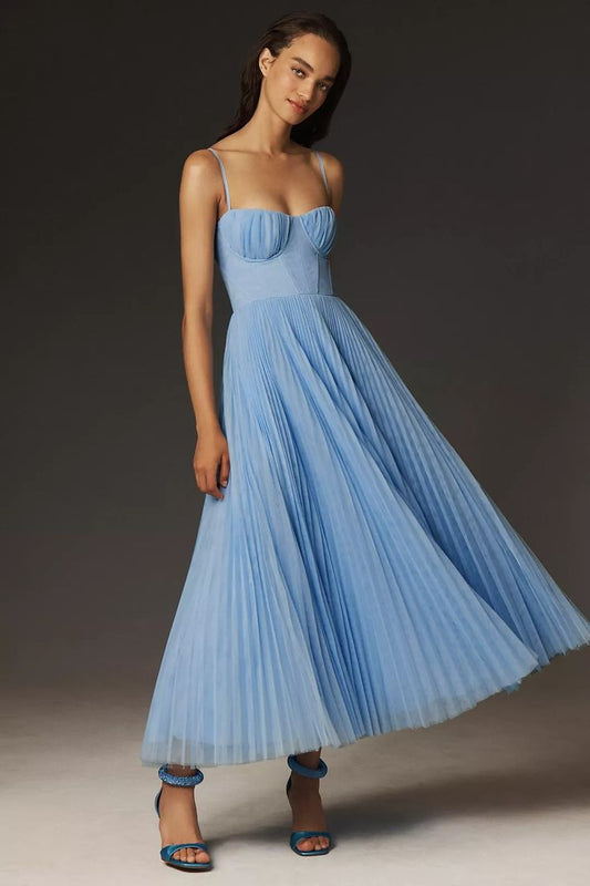Hutch Amara Corset Pleated Tulle Fit & Flare Midi Dress