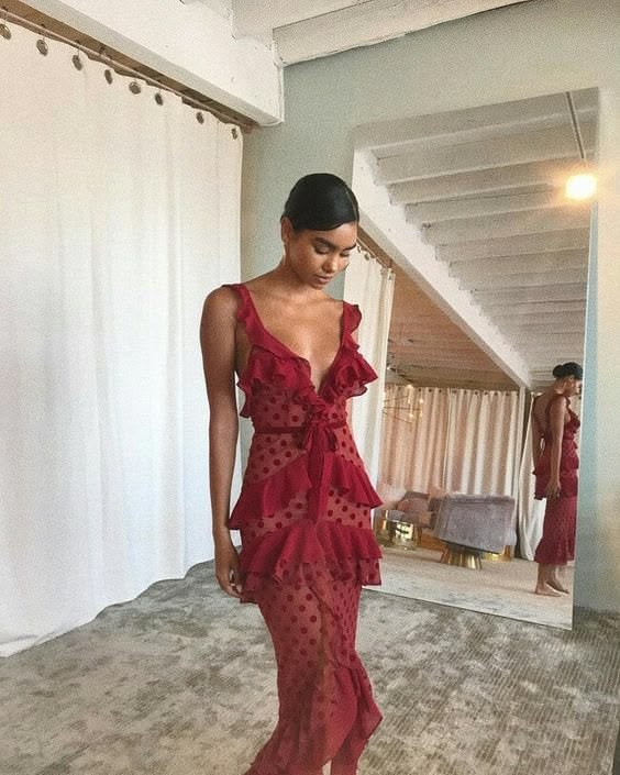 Sexy Sheath Straps Chiffon Long Tiered Burgundy Prom Dress