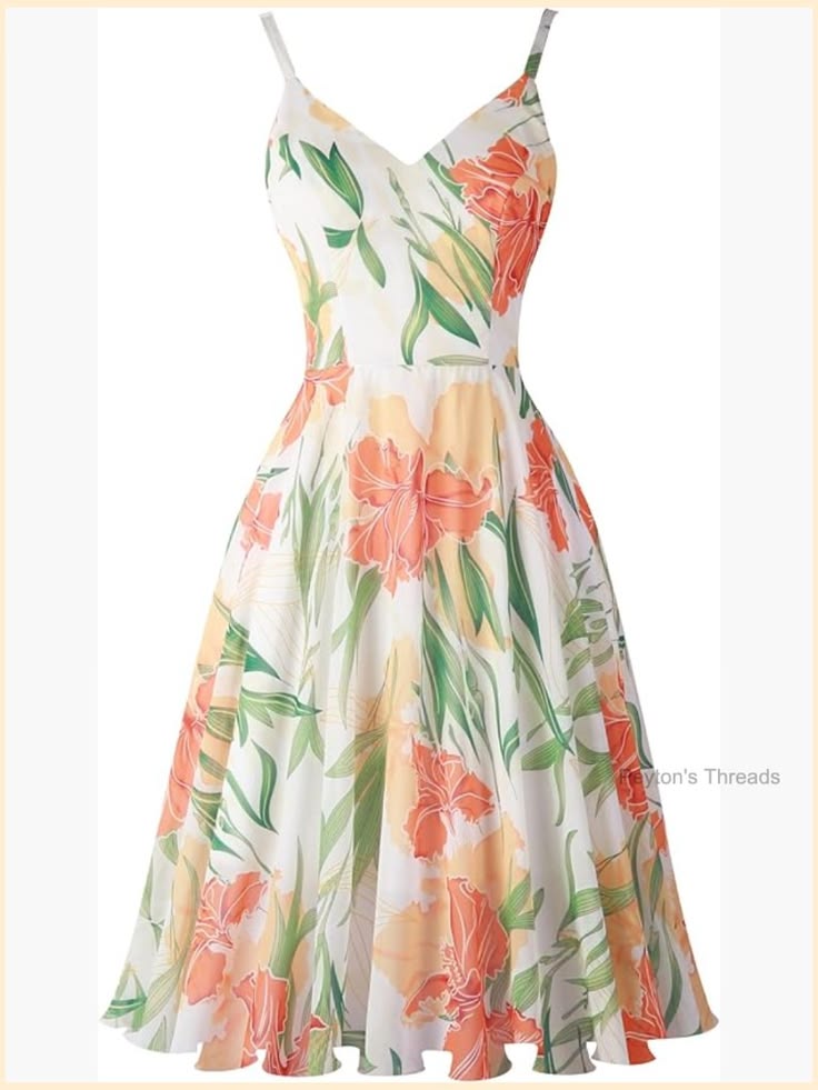 Spaghetti Strap V Neck Swing Dress Sleeveless Summer Midi Length